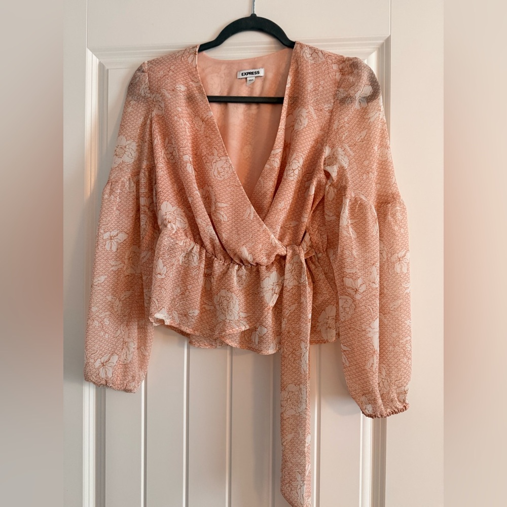 Express Peach Floral Wrap Blouse with Tie Waist